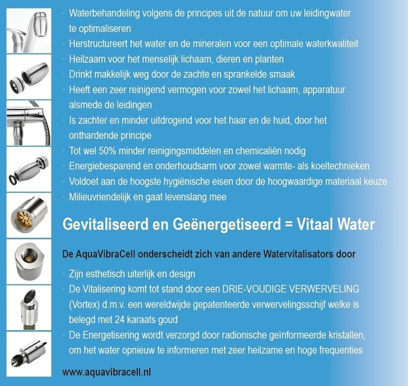 Folder: Gevitaliseerd, Vitaal Water door de AquaVibraCell Watervitalisator.
